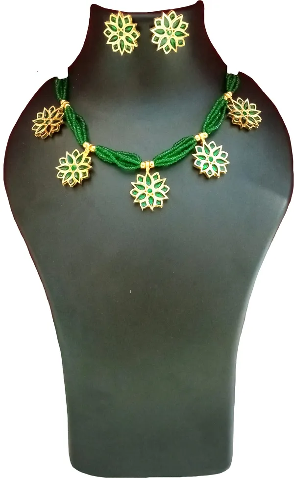 Assamese_Traditional_Gold_Plated_Green_Colour_Golpata_Necklace_Set_For_Women